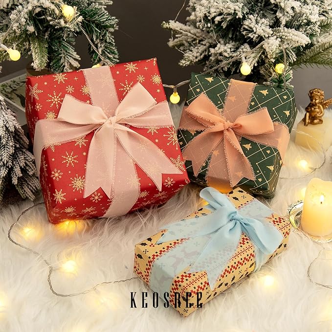 3 Rolls Light Nude Handmade Chiffon Ribbon,1.5" x 21Yd Light Khaki Frayed Fringe Silk Ribbons (3 Rolls *7Yd) for Gifts Wrapping, Wedding Invitations, Bridal Bouquets, Decorations