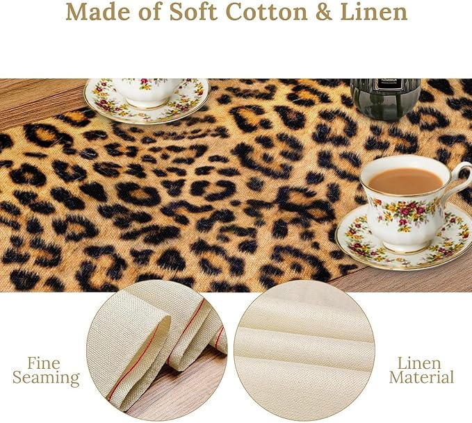 Leopard Print Dinning Table Runner, Cotton Linen Rustic Cottage Country Farm Safari Wildlife Fur Print Table Runners for Table Dresser Runner Dinning Kitchen Party Holidays Home, 13x36 Inch