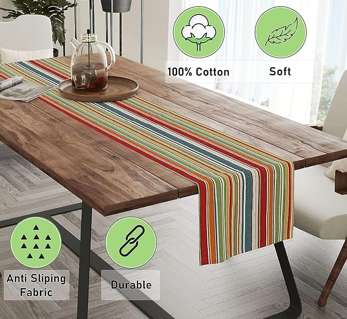 Ruvanti 100% Cotton Table Runner 60 Inches Long, Non-Slip, Stain Resistant, Washable & Reusable Table Runners Perfect for Wedding, Parties, Christmas, Holiday, in-Door use - Multi Stripe