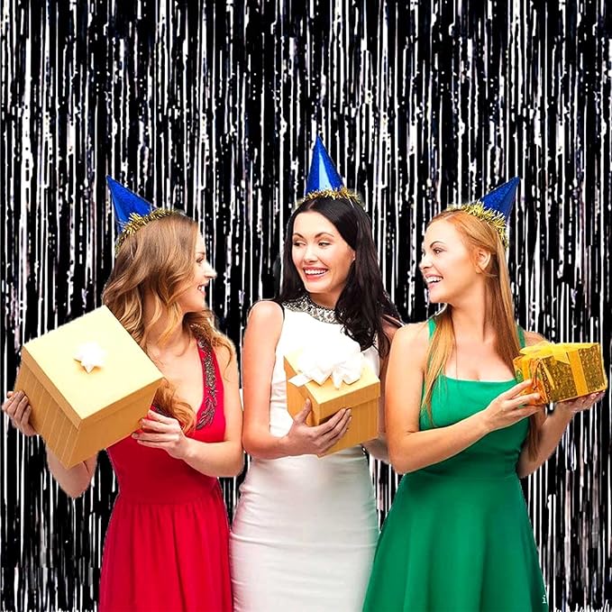 4 Pack Black Foil Fringe Curtain Backdrop, 3.28Ft x 8.2Ft Metallic Tinsel Streamer Curtains for Party, Photo Booth Props, Birthday, 2022 Graduation Decoration Party Supplies