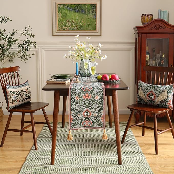 ISAENNE Designer French Green Elegant Linen Table Runner 102 Inches Long,Colorful Flower Pattern Soft Table Runners for Dining Tables,Thanksgiving,Kitchen Tables,Christmas,12"*102"-Naples B