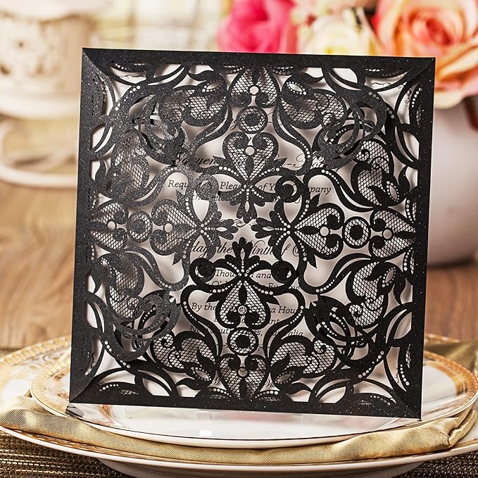 Hosmsua 50PCS Personalized Black Laser Cut Hollow Lace Rose Invitation Cards with Envelopes 6.3 x 6.3 Inch Wedding Invitations for Engagement Wedding Invite (Customized Printed)