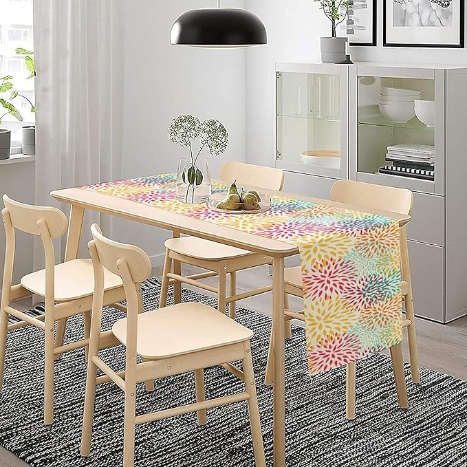 Abstract Flowers Table Runner, Chrysanthemum Dahlia Vintage Modern Colorful Spring Summer Elegant Table Runner for Party Kitchen Dining Living Room Laundry Room Decor, 13x120 Inch