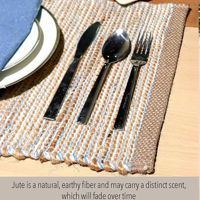 Chardin Home Natural Jute & Sky Blue-White Placemats, Set of 4 – Rustic Handmade Boho Table Mats, 13x19 in Dining Table Placemats - Kitchen, Everyday Meals, Holidays, Farmhouse or Modern Table Décor