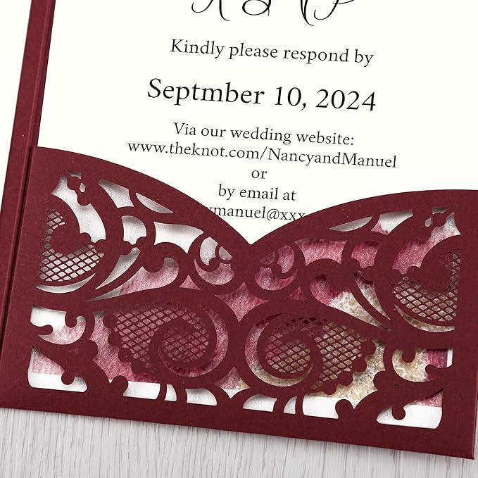 DORIS HOME 50PCS Laser Cut Wedding Invitations with Envelopes and RSVP Cards Personalized Inner With Gold Glitter Belly Band for Wedding Engagement Bridal Shower Party Invite 4.7x7 Inch Burgundy