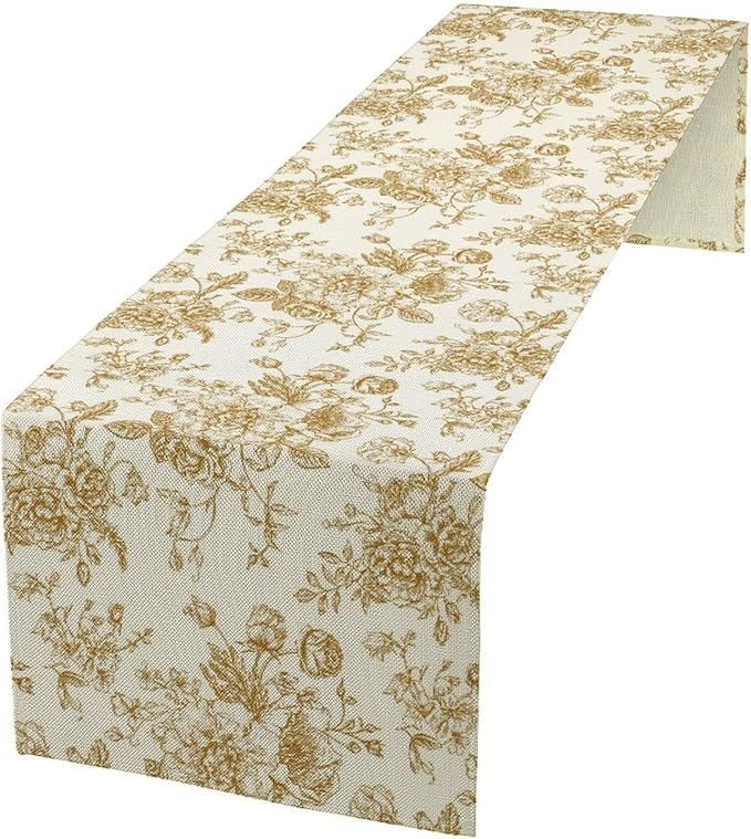 Retro Floral Table Runner, Golden White Wildfloral Sketch Print Kitchen Dinning Table Runner for Indoor Outdoor Home Wedding Party Holiday, 13x90 Inch