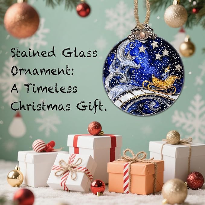 Stained Glass Christmas Decorations, Blue Sky Silver Star Suncatcher for Window Christmas Tree Hanging Ornaments Magic Carpet Sun Catcher Xmas Decor Gifts for Women Men Mom Nana Friend