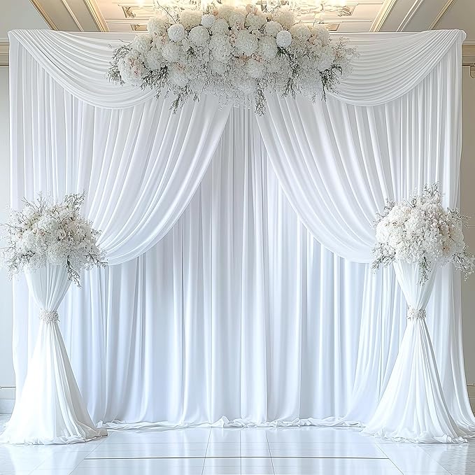 20ftx14FT Wrinkle Free White Backdrop Curtain, 4 Panels 14FT Height White Wedding Backdrop Drapes, Silky Polyester Back Drop Cloth for Birthday Photography Background Party Backdrop Draping