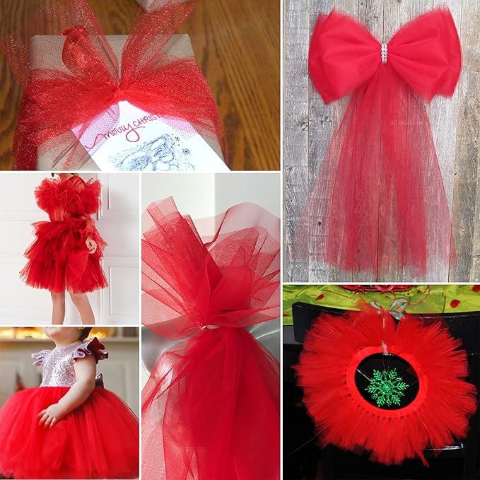 Red Tulle Fabric Rolls 6 Inch by 100 Yards (300 feet) Fabric Spool Tulle Ribbon for Christmas Gift Wrapping DIY Tutu Bow Baby Shower Birthday Party Wedding Decorations Craft Supplies