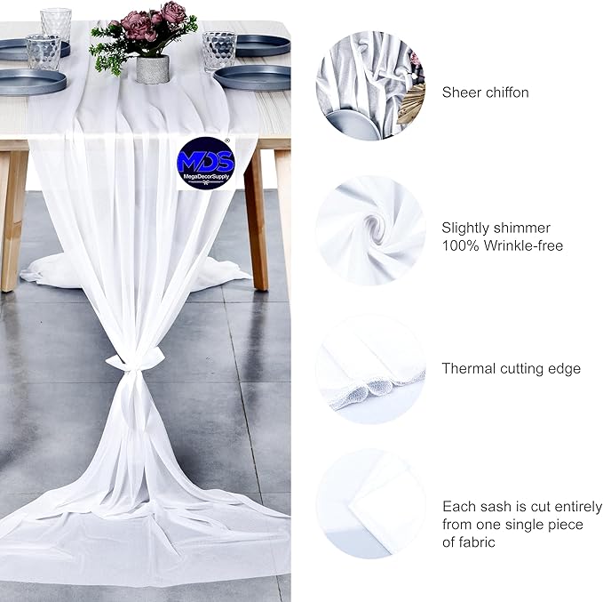 MDS 2 Pack 14ft Chiffon Table Runner 29 x 170 Inches Sheer Wedding Runner Romantic Rustic Table Runner for Wedding Decorations, Birthday Parties, Bridal Shower Party Arch Decor - White