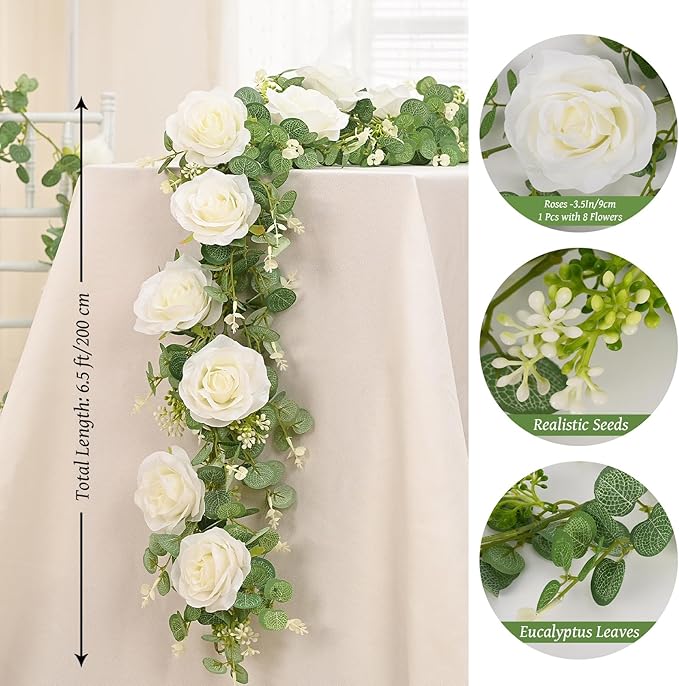 Dolicer 2Pcs 13Ft Artificial Eucalyptus Garlands with Flowers - 8 Roses, Faux Floral Greenery Garlands Fake Flowers Vines for Wedding Table Centerpieces Arch Party Ceremony Backdrop Decor (White)