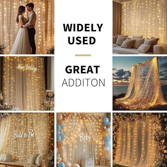 Champagne Tulle Backdrop Curtain with Lights String - 10x10ft Sheer Backdrop with 300 LEDs for Wedding, Baby Shower, Bridal Shower, Birthday Party Photo Shoot Background and Home Decorations