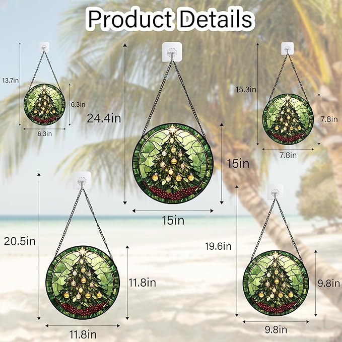 Stained Glass Window Hanging - Green Christmas Tree Golden Bells Suncatcher for Doors Home Christmas Decoration Sun Catcher Thanksgiving New Year Birthday Gift for Women Men Mom Nana 9.8 in