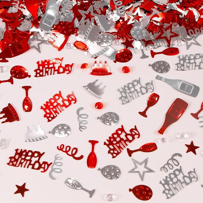 VHUWE Happy Birthday Confetti, 1.6 oz Red Silver Cake Balloon Star Goblet Bottle Glitter Confetti for Boys Girls Kids Women Men Happy Birthday Party Table Decorations Supplies