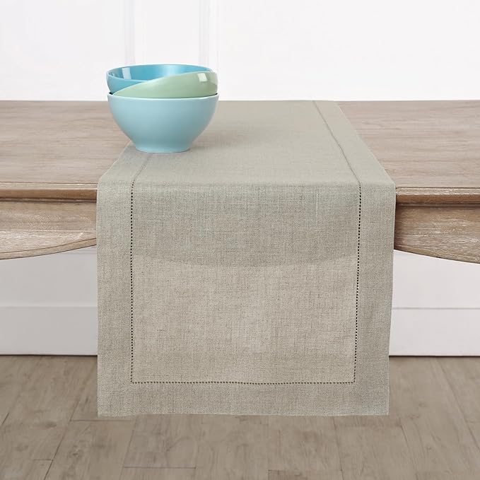 Solino Home Linen Natural Table Runner 120 Inches Long - 100% Pure Linen Hemstitch 14 x 120 Inch Table Runner for Dining, Fall, Autumn, Thanksgiving, Christmas - Classic Hemstitch