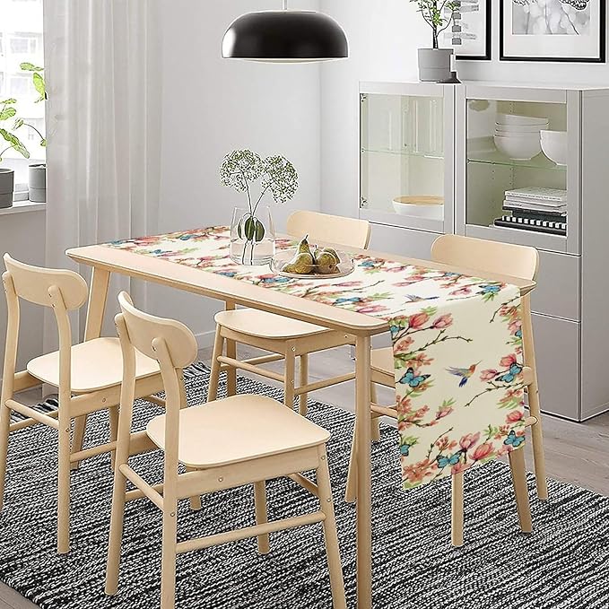 Floral Butterfly Table Runner Seasonal Spring Flower Bird Table Decoration Table Runner for Home Party Decoration 13x70 Inch