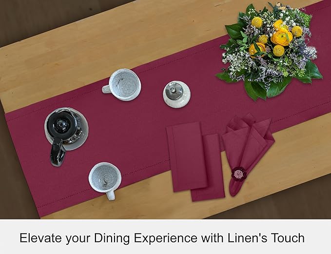 Ruvanti Linen Table Runner 108 Inches, Classic Hemstitch, Washable, Reusable, Non-Slipping, Stain Resistant- Perfect for Parties, Weddings, Dinners, Thanksgiving, Christmas, Indoor use – Burgundy