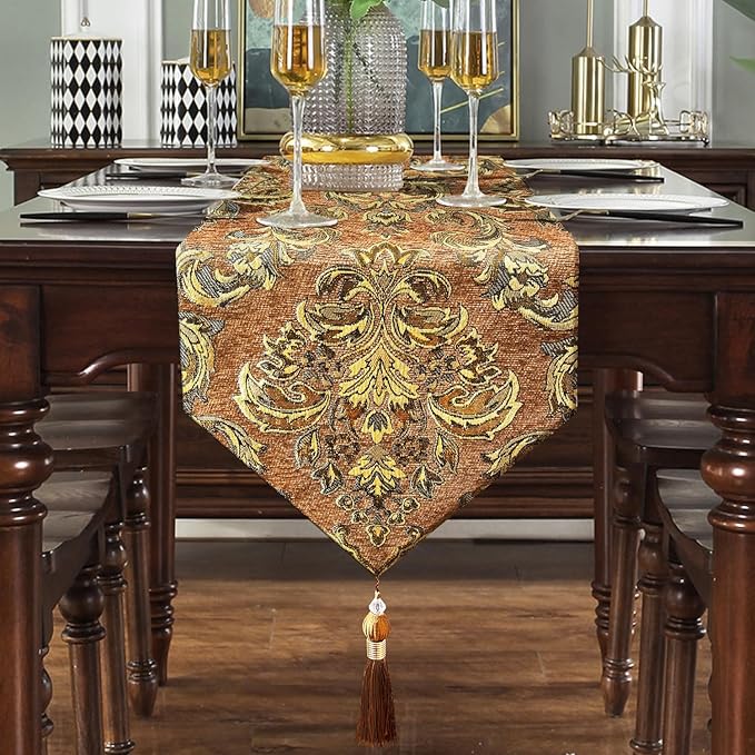 Table Runners 72 inches Long Jacquard European Classic Floral Beige Vintage Chenille - Caramel