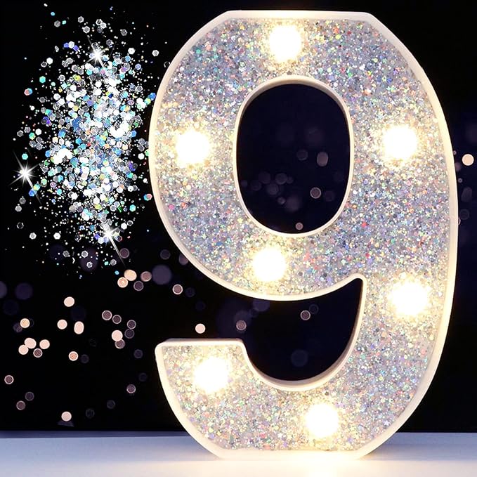 Pooqla Marquee Light up Numbers, Lighted Numbers for 9th Birthday Decorations, Night Light Battery Powered for Silver Party Decorations, Gift for Boys Girls Christmas Wedding Home Room Decoration
