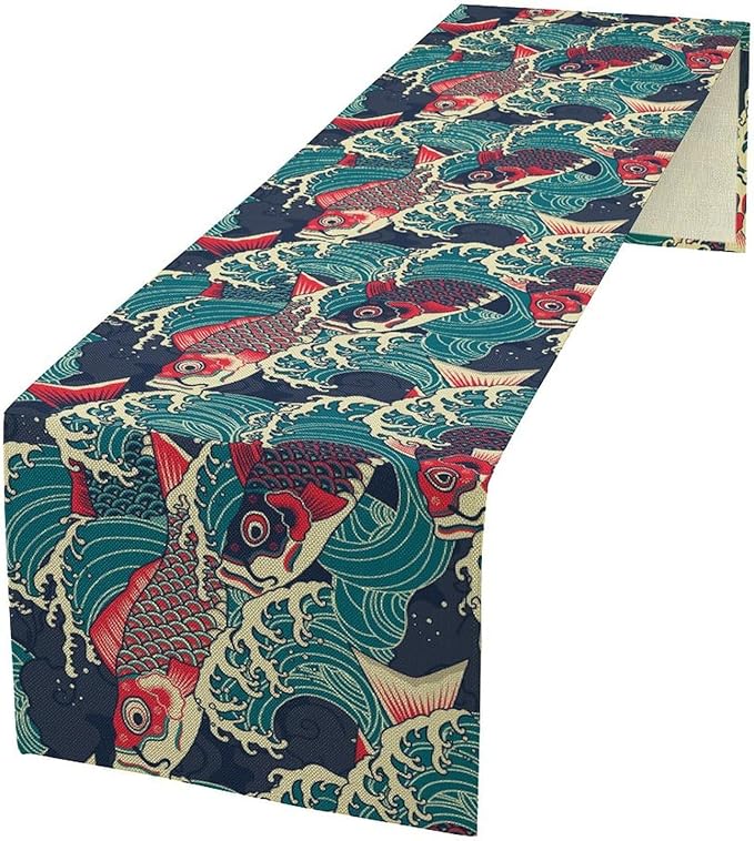 Kio Fish Table Runner Waves Japanese Tradition Art Printed Burlap Runner Home Kitchen Dining Table Living Room Decor Fabric 1 Panel W13xL120in