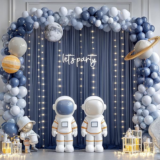 20×10ft Navy Blue Tulle Backdrop Curtain with Lights String for Parties, Sheer Photo Backdrop Curtains for Wedding Party Photography Background