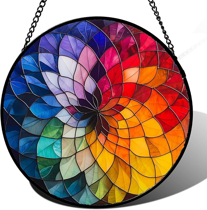 Stained Glass Window Hanging - Colorful Flowers Sun Catcher for Door Terrace Garden Home Decor, Abstract Gradient Suncatcher Birthday Gifts for Lovers Women Men Dad Mom Nana 6.3 in