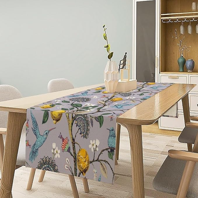 Table Runner with Flowers and Birds, Spring Plant Flowers Table Decoration Linen Table Runner Family Party Party Decorations 13x120 Inches