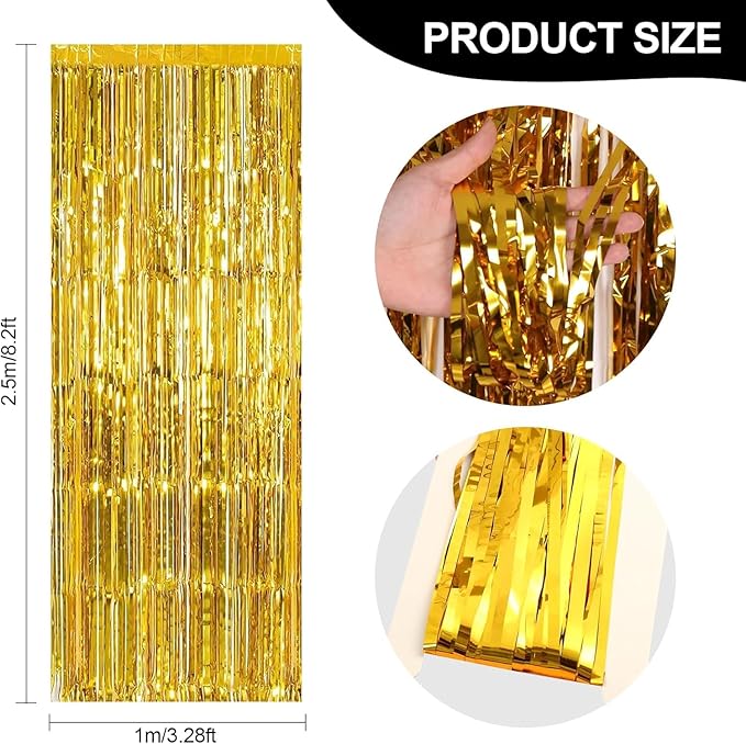 24 Pack Gold Metallic Foil Fringe Curtains, 3.2ft x 8.2ft Foil Fringe Curtain Backdrop Foil Streamers Party Supplies Tinsel Curtain Backdrop for Parties/Birthday/Halloween/Photo Booth