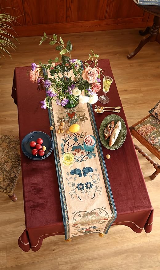 patdrea Designer Casual Wild Floral Velvet Table Runner 102 Inch Long, Brown Occult Bouquets Pattern Table Mat, Decoration for Kitchen Dining Coffee Table Cabinet Banquet Thanksgiving,12"*102"