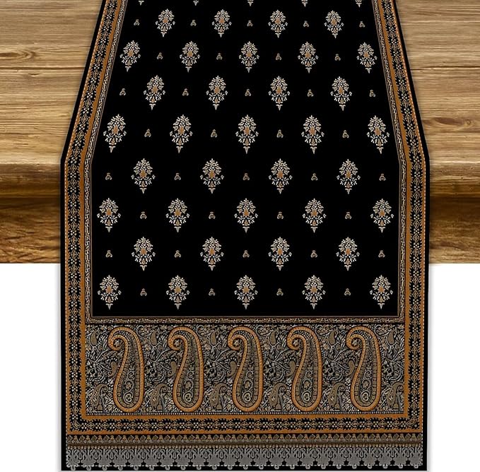 Vintage Paisley Table Runner, Boho Brown Black Flowers Leaves Print Table Runner for Home Dining Kitchen Table Party Wedding Decor, 13x108inch
