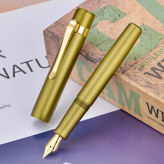 HONG DIAN M2 Black Forest Mini Fountain Pen, Bent Nib & Sleek Shape Aluminium Short Pocket Travel Pen (Olive Green)
