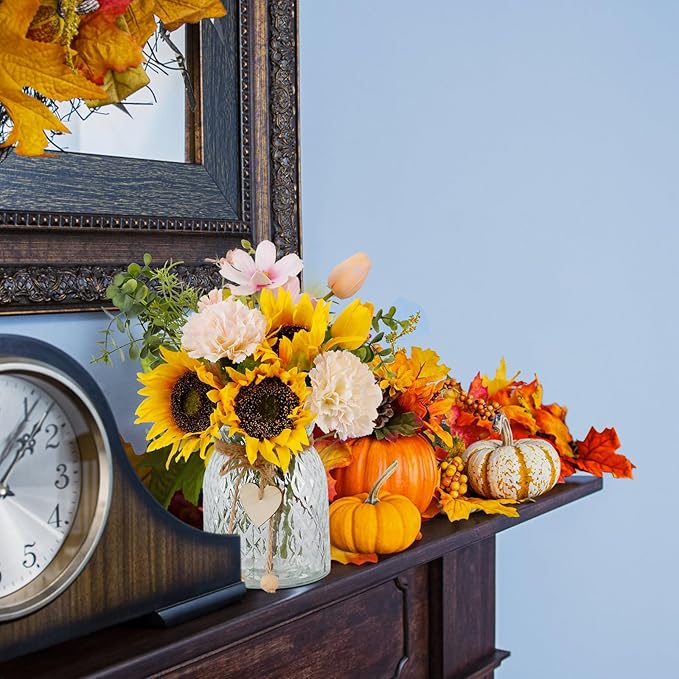Fake Flowers in Vase,Artificial Sunflower Bouquets in Vase with a Flower Arrangement Holder,Table Centerpieces for Dining Room,Flower Centerpieces for Tables,Faux Flowers