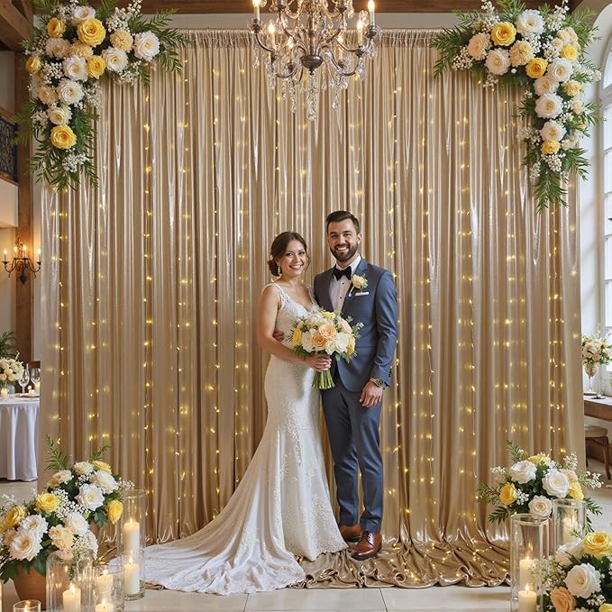 10x10 ft Champagne Sequin Backdrop Curtain with Lights for Parties, Wrinkle Free Glitter Photo Backdrop Drapes Shimmer Back Drop Cloth for Wedding Birthday Photography Background