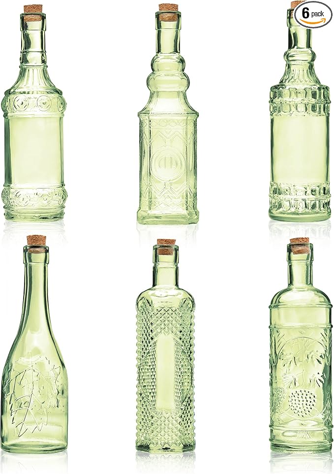 Assorted Green Glass Bottles with Corks, 6 Pack, 2.5in X 9in, 16oz