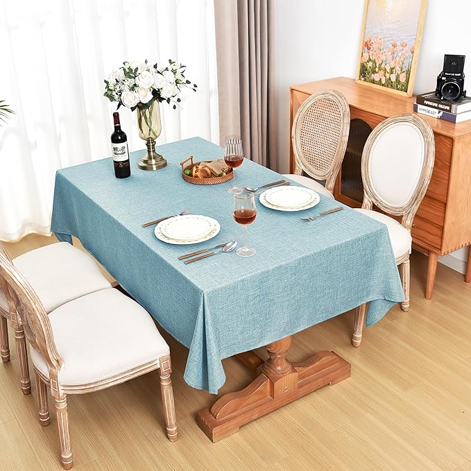 Fitable Faux Linen Tablecloths Rectangle 60 x 102 Inch - 2 Pack Waterproof Table Clothes for 6 Foot Tables, Turquoise Flax Look Table Covers for Farmhouse, Dining, Party, Banquet, Buffet