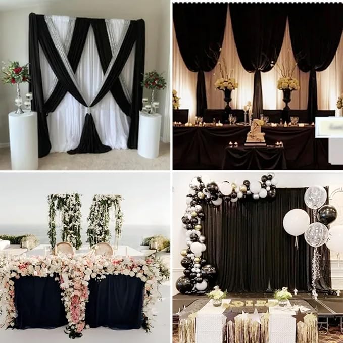 6 Panels Wedding Arch Draping Fabric 28 x 20Ft Chiffon Weddings Arch Drapes Chiffon Fabric Drape Sheer Backdrop Curtain for Wedding Party Ceremony Birthday Reception Swag Backdrop Ceiling Décor(Black)
