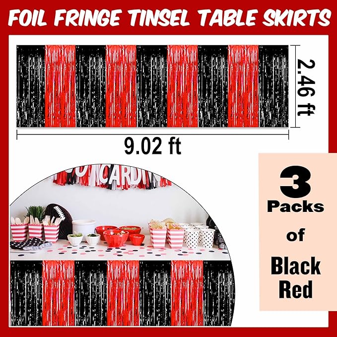 3 Pack Black and Red Foil Fringe Table Skirts Metallic Tinsel Streamers Garland Banner Backdrop for Table Decor, Parade Float, Birthday, Wedding, Halloween, Christmas Party Decorations(29x108 In)