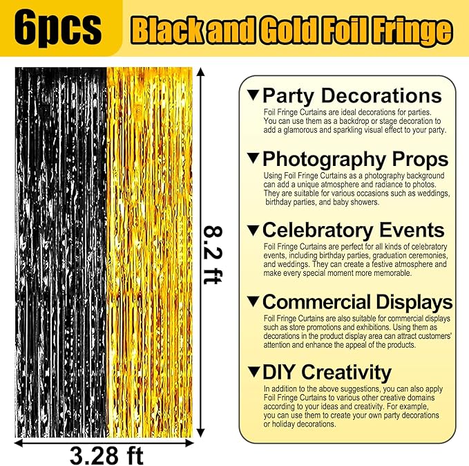 6 Pack Black Gold Foil Fringe Curtain Backdrop, 3.28Ft x 8.2Ft Metallic Tinsel Foil Fringe Streamer Curtains for Photo Booth, Birthday, Wedding, New Year Party Decorations