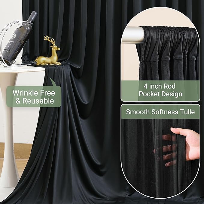 Black Tulle Backdrop Curtain for Parties Wedding,10ft x 10ft Wrinkle Free Curtain Backdrop,2 Layer Drapes for Backdrop,Polyester Wedding Back Drop for Bridal Shower Birthday Baby Shower Photography