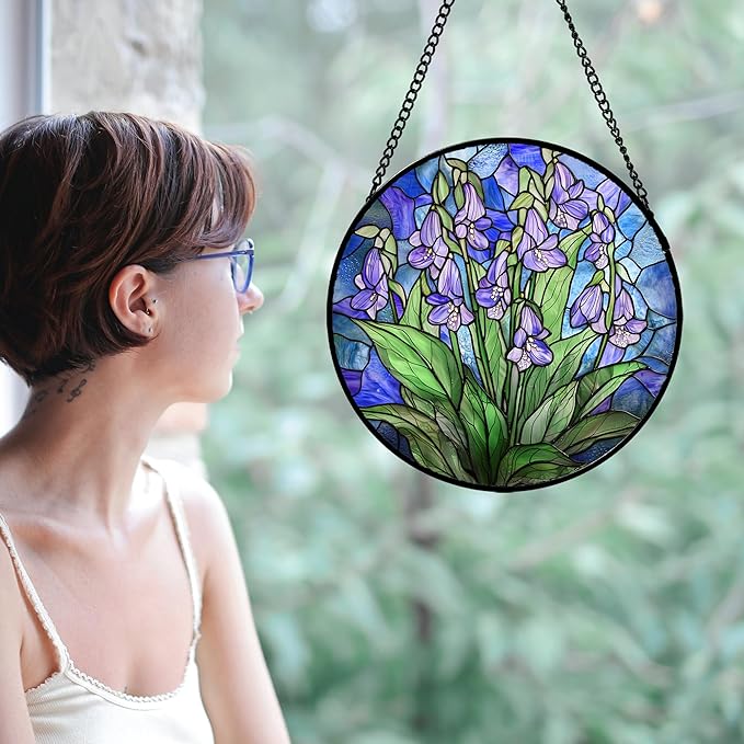 Stained Glass Suncatcher, Blue Purple Flowers Green Leaves Sun Catcher Plants Stain Glass Window Hanging Decoration Mother's Day Birthday Gifts for Women Men Mom and Nana 11.8 in