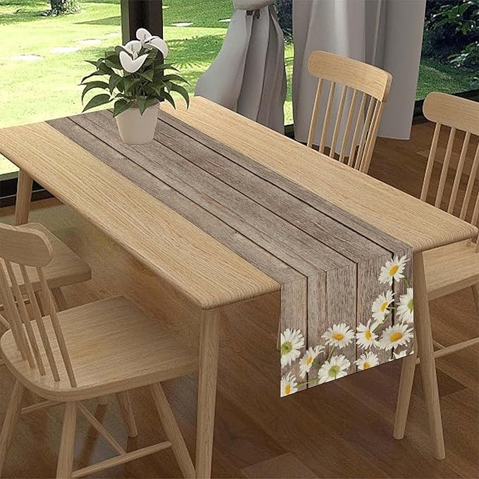 Daisy Floral Table Runner, Farmhouse Spring Seasonal Summer Teal Green White Flower Rustic Abstract Table Center Decor for Home Kitchen Dining Holiday Party Indoor Table Decorations, 13"x90" Inch