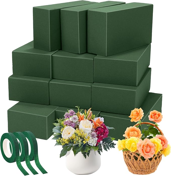 Aneco 12 Pieces Floral Foam Blocks with 3 Rolls Floral Tape 5.5''L x 3.1''W x 1.8''H Green Square Flower Foams Flower Arrangements Supplies for Dry & Wet Flower Wedding Home Decor and DIY Crafts