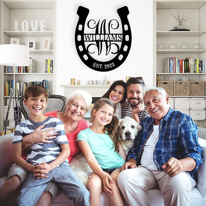 Personalized Horseshoe Metal Sign with Initial and Family Name, Custom Monogram Horseshoe Metal Wall Art Last Name Sign Equestrian Horse Lover Gift Horseshoe Living Room Decor