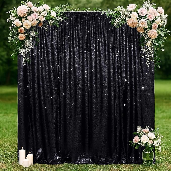 SquarePie Sequin Backdrop Less Transparent Background Sparkly Curtain for Wedding Halloween Party 8FT x 8FT Black