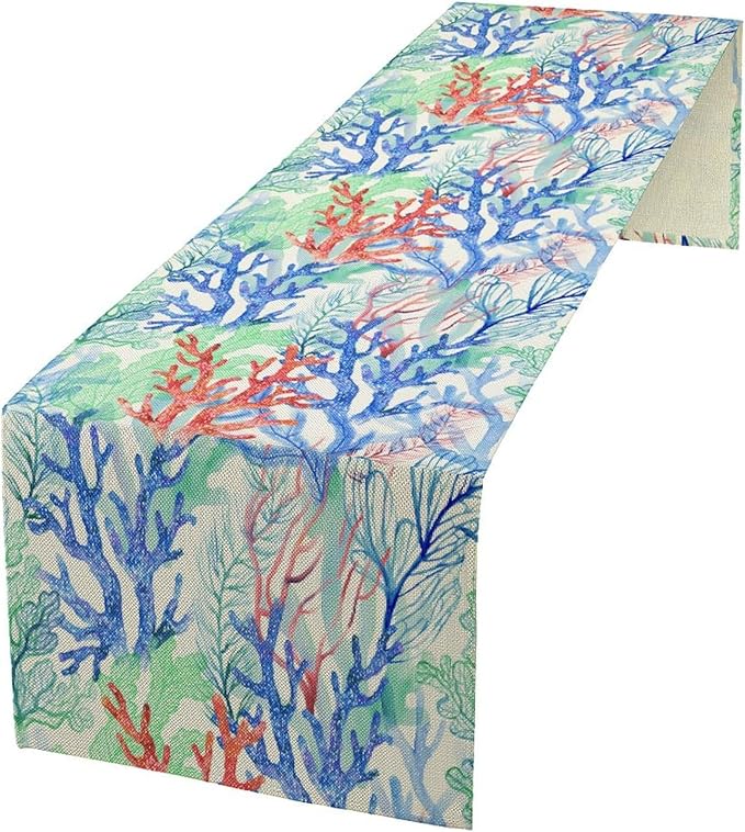 Summer Shell Starfish Table Runner, Seasonal Spring Summer Tropical Ocean Beach Indoor Party Kitchen Outdoor Table Decor 13x60 Inch
