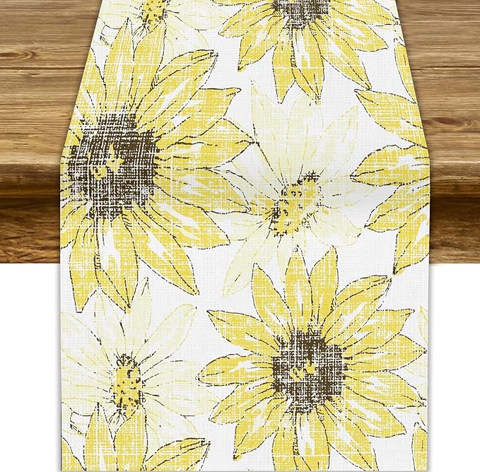 Chrysanthemum Vintage Floral Table Runner, Elegant Grunge Gray Sunflower Spring Summer Elegant Pattern Artichokes Flower Table Runner for Party Kitchen Dining Living Room Decor, 13x108 Inch