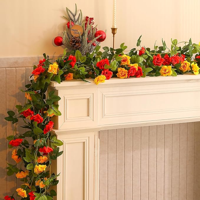 Floweroyal 2 Pack Artificial Flower Garlands 15.8FT Fake Rose Vines Silk Flowers Hanging Rose Ivy for Wedding Arch Party Home Garden Wall Decor (Orange Yellow)