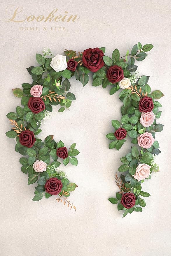 Lookein Artificial Rose Flower Garland Greenery Garland 5FT for Wedding Ceremony Backdrop Arch Flowers Table Centerpieces Decorations, Burgundy