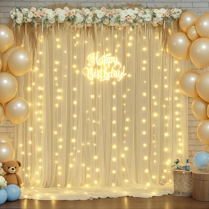gogoparti 20x10ft Champagne Tulle Backdrop Curtains with Lights for Party Wedding Baby Shower, Sheer Wrinkle Free Backdrop Curtains for Birthday Party Photo Booth Background Decoration