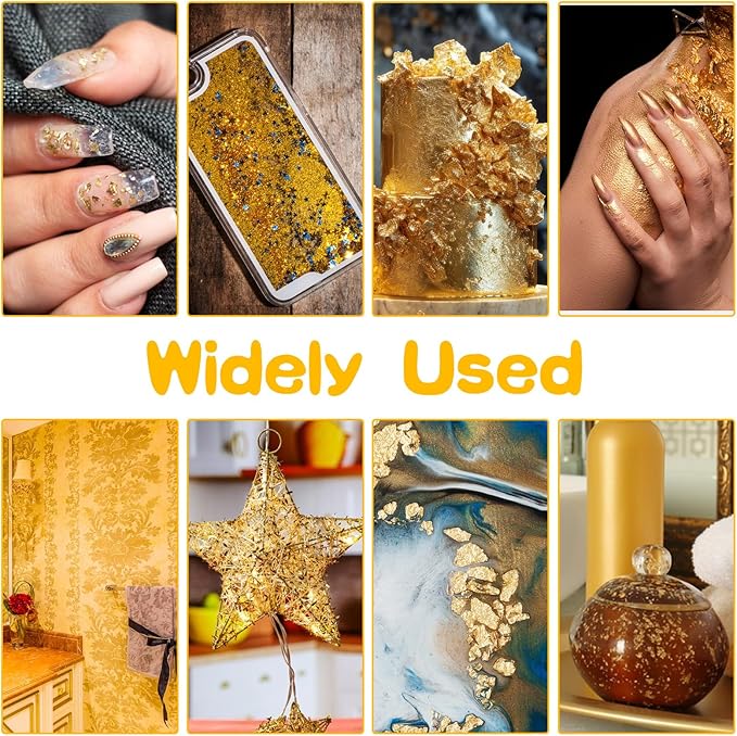 5Pcs Decorative Gold Leaf, Multifunction Gold Flakes Cake Decoration Baking Foil Decor with Plastic Tweezers for Cooking Dessert Steak Decoration Crafts Makeup